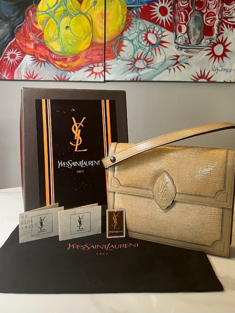 Yves Saint Laurent Vintage RARE YSL Beige Lizard Shoulder Bag Full Inclusion